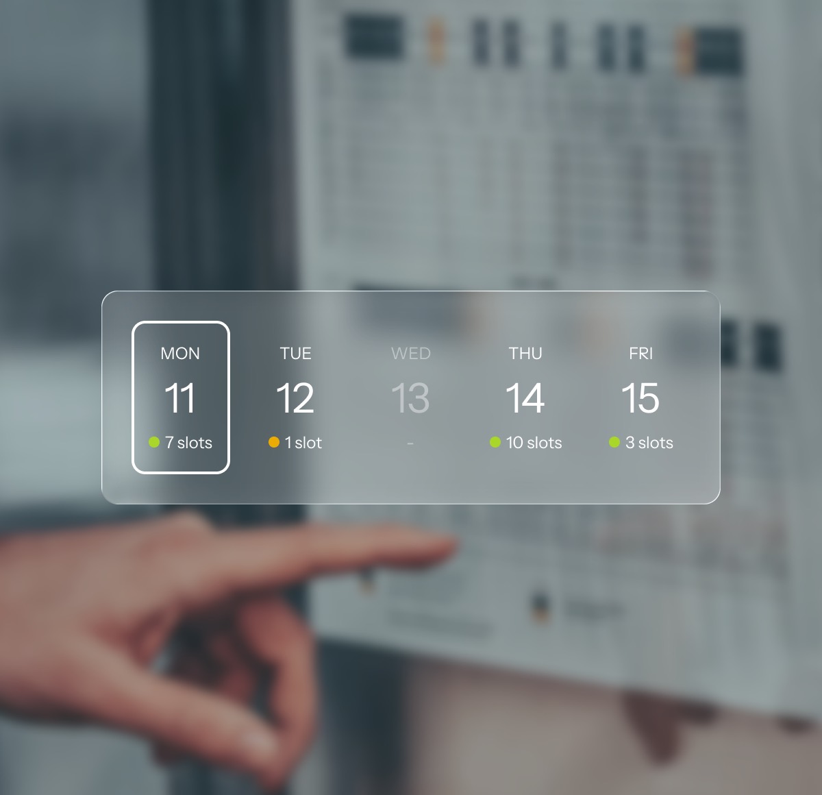 A week of a room’s free slots, Monday to Friday, with the count of appointments still open on each day.