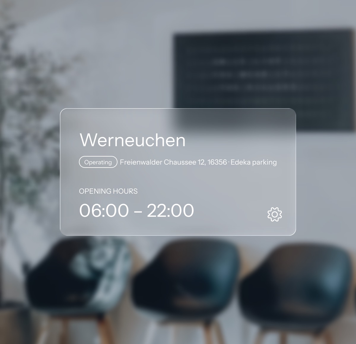 A site card for Werneuchen, marked operating, with its address and its opening hours.